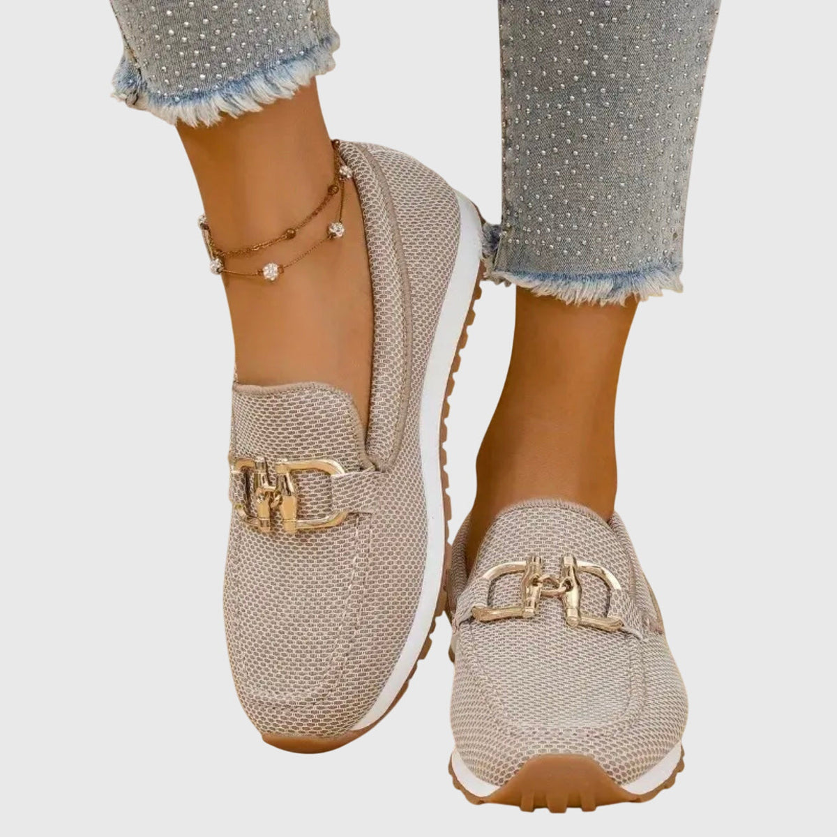 Loafers dam — i läderimitation med metallspänne, bekväma slip-on