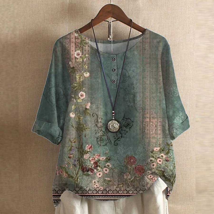 Blus dam, vintage — blommönstrad kortärmad sommarblus med rundad hals