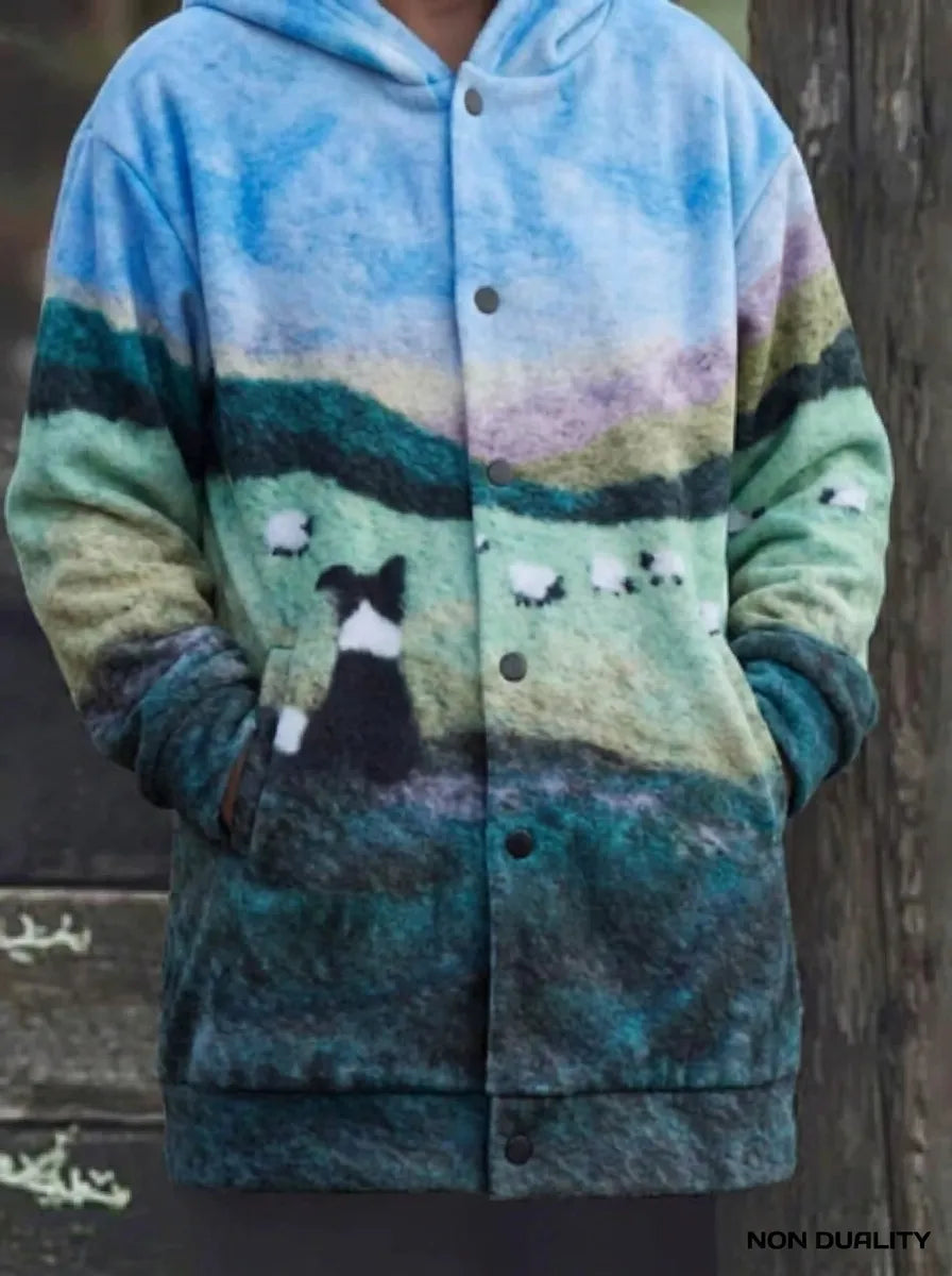 Stickad kofta dam med kattmotiv — färgstark cardigan i akryl