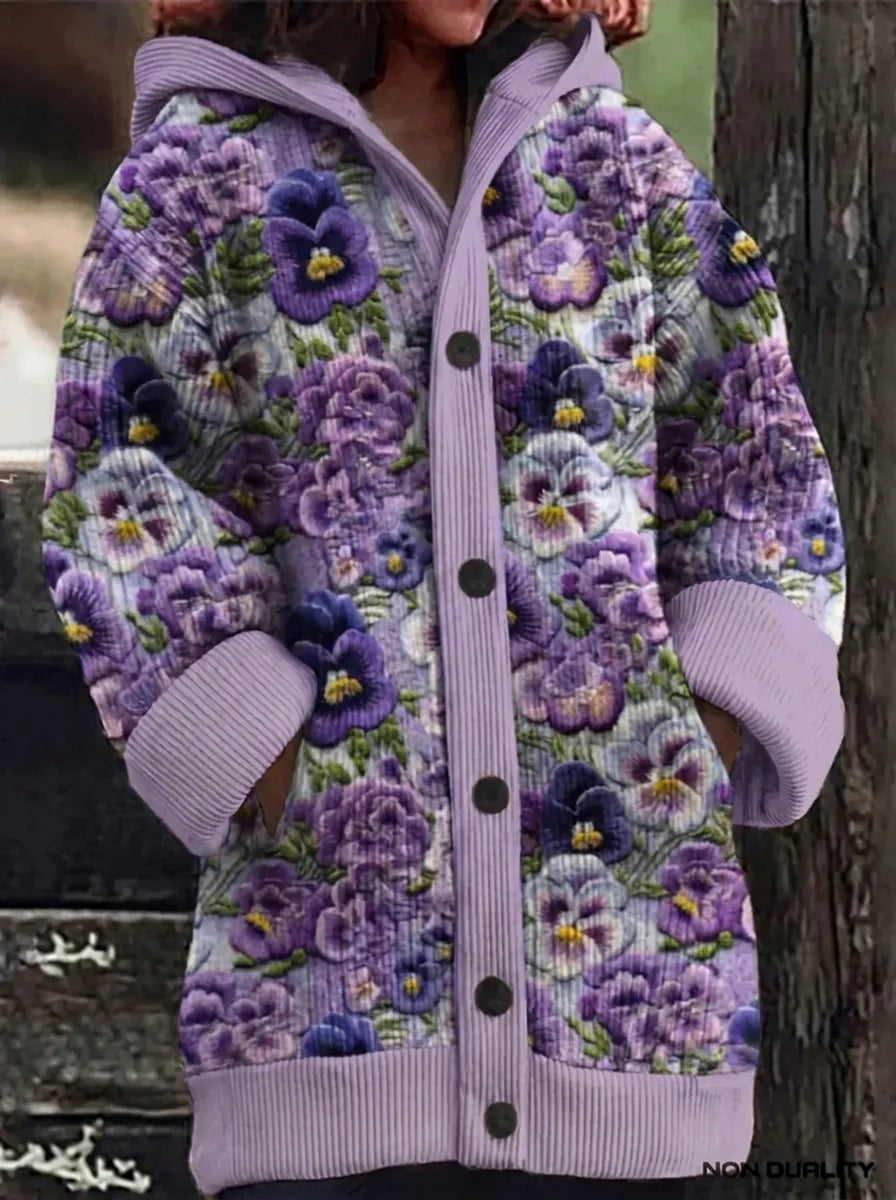 Stickad kofta dam med kattmotiv — färgstark cardigan i akryl