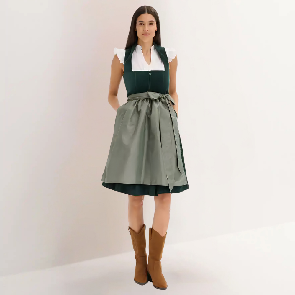 Dirndl dam med sammetsliv — Oktoberfest-klänning med satinförkläde