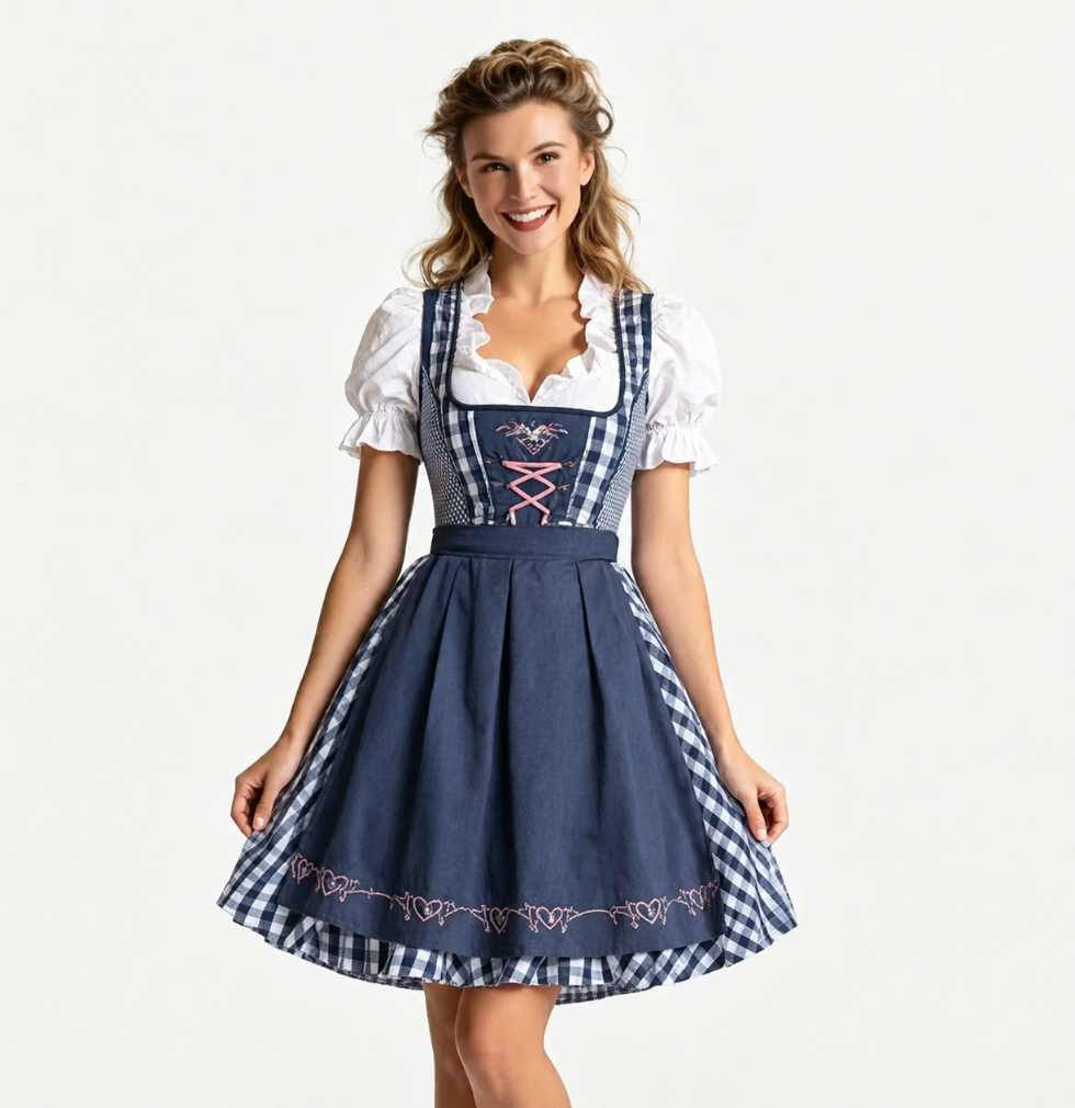 Dirndl dam med förkläde och blus — tredelat Oktoberfest-set