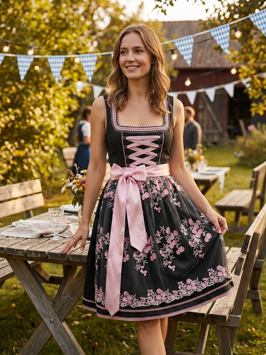 Dirndl dam, blommig — oktoberfestklänning med spetsdetaljer i bomullsmix