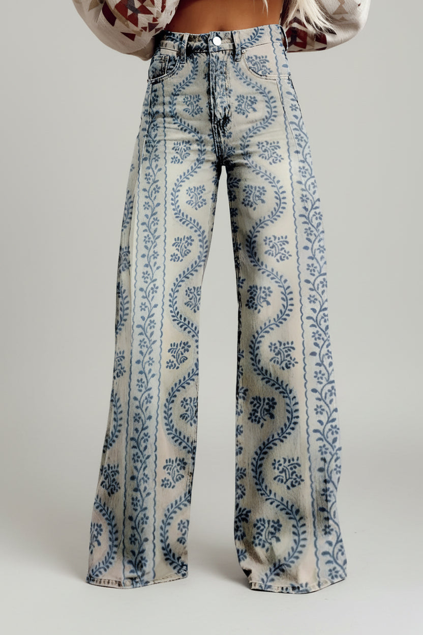 Jeans dam, vida — högmidjade utsvängda blommiga i denim