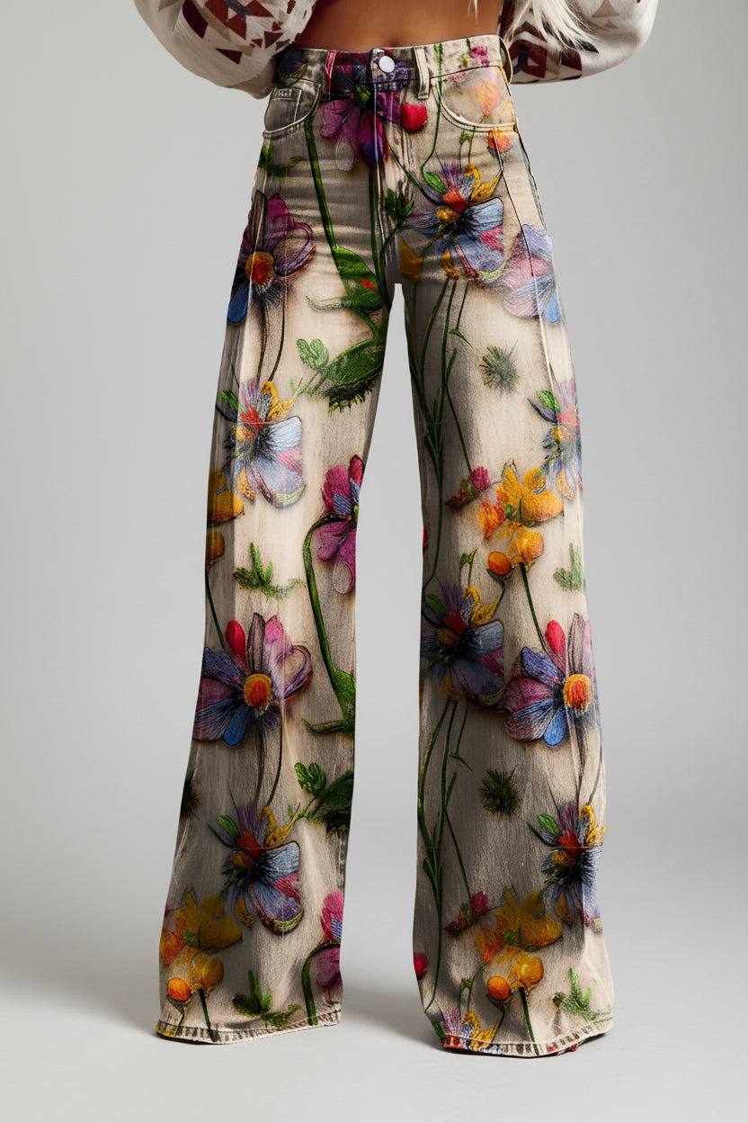 Jeans dam, vida — högmidjade utsvängda blommiga i denim