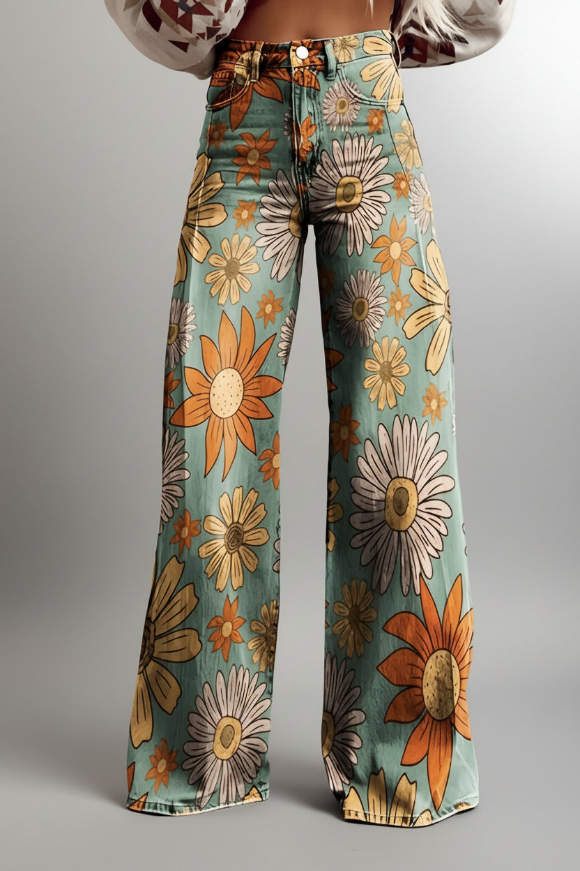 Jeans dam, vida — högmidjade utsvängda blommiga i denim