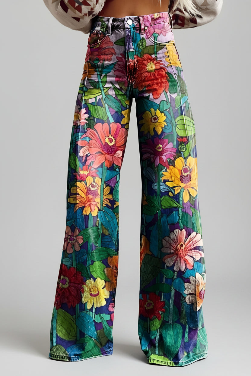 Jeans dam, vida — högmidjade utsvängda blommiga i denim