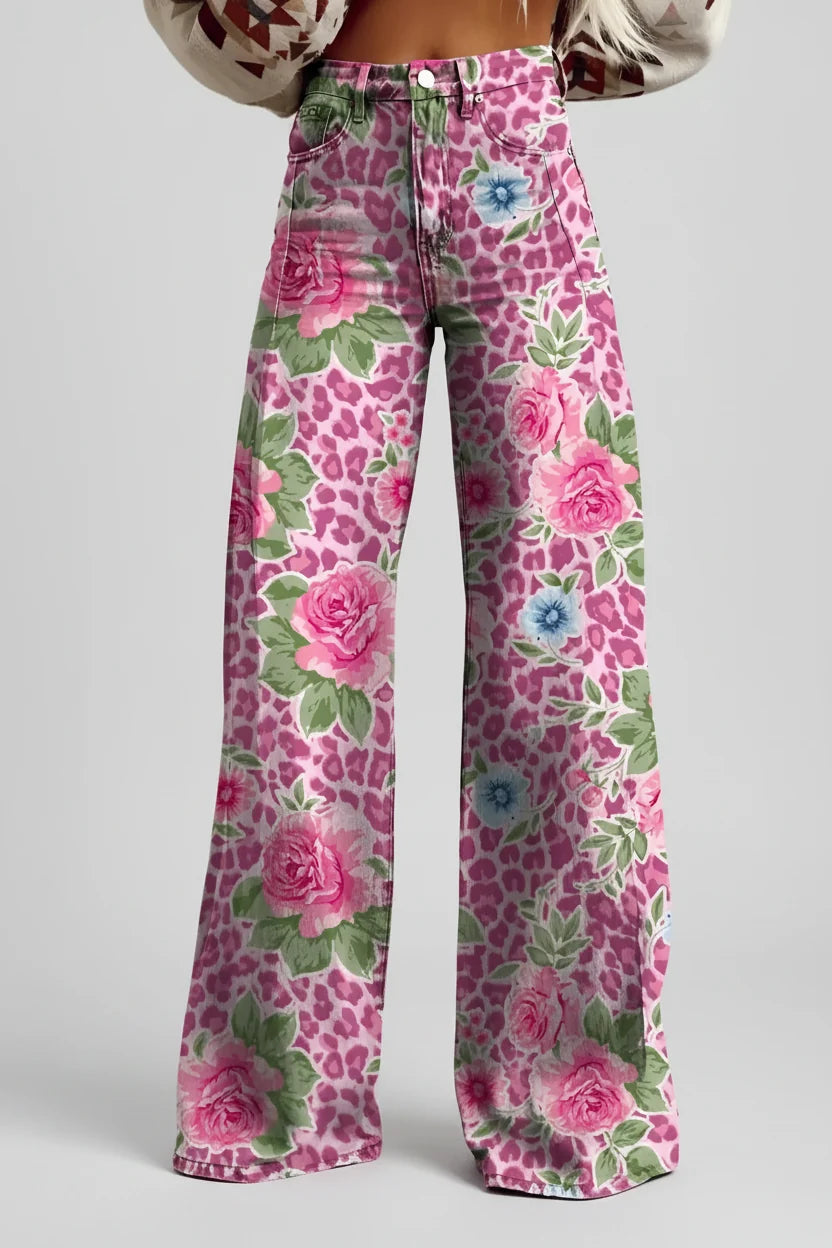 Jeans dam, vida — högmidjade utsvängda blommiga i denim