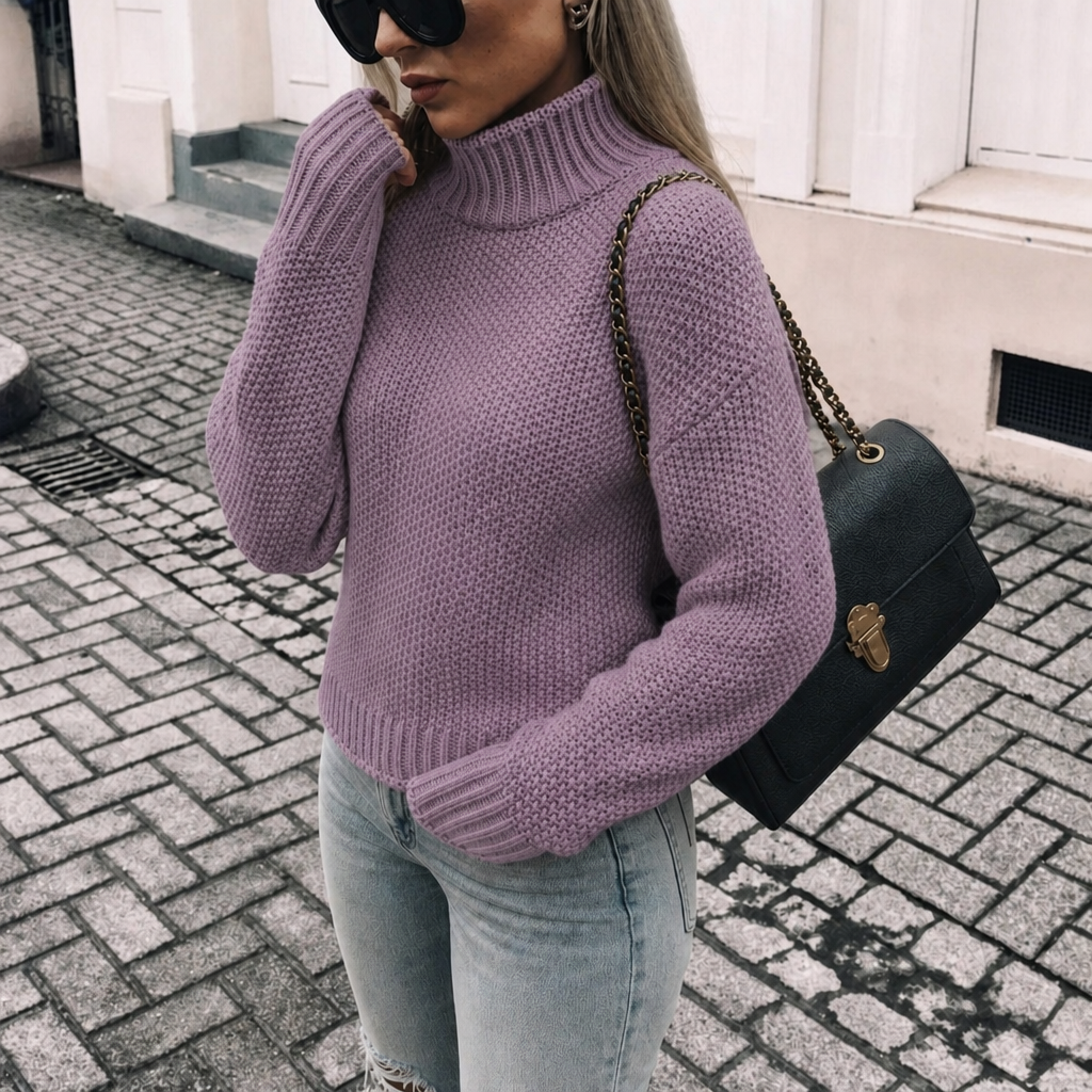 Polotröja dam, oversize — grovstickad turtleneck i akryl för höst och vinter