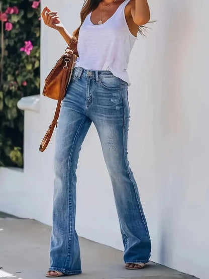 Tvättade bootcut-jeans dam — stretchjeans med utsvängt ben