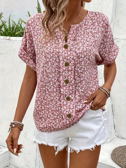 Blus dam, blommönstrad — chic med knappdetaljer i linne