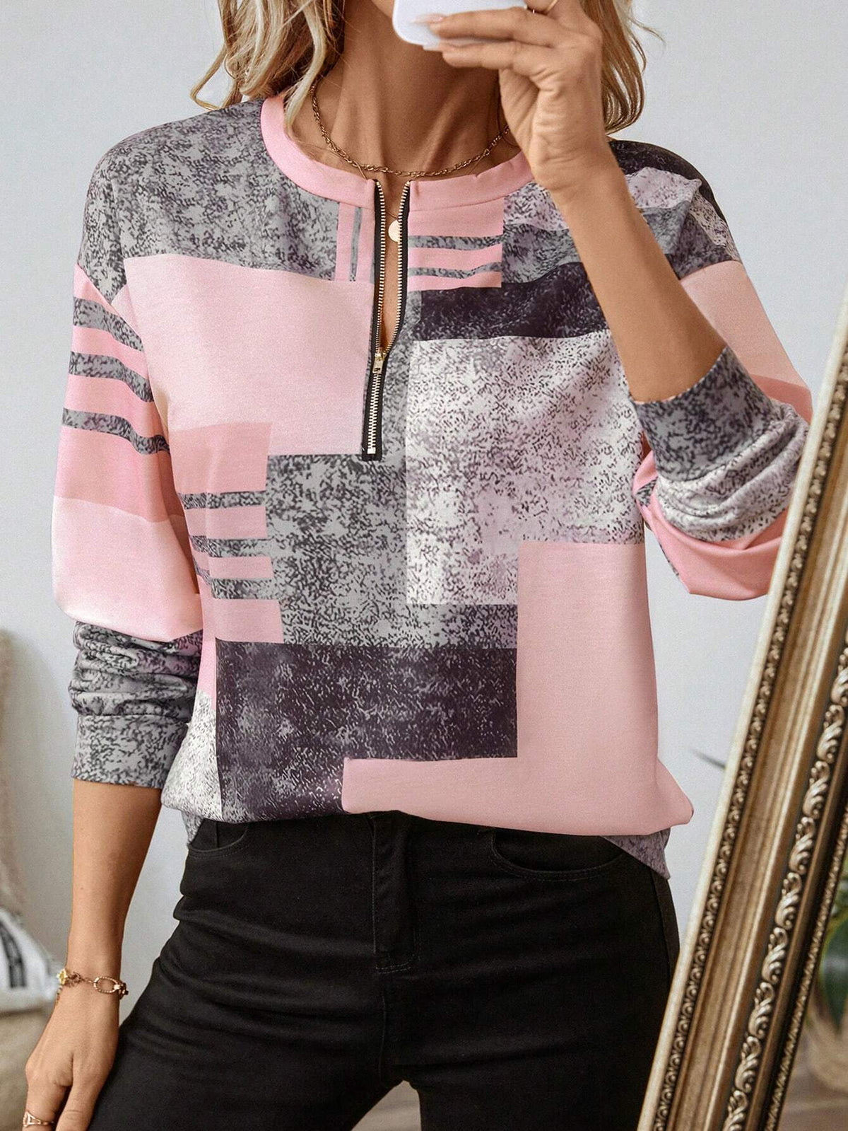 Sweatshirt dam med dragkedja — collegejacka med grafiskt tryck