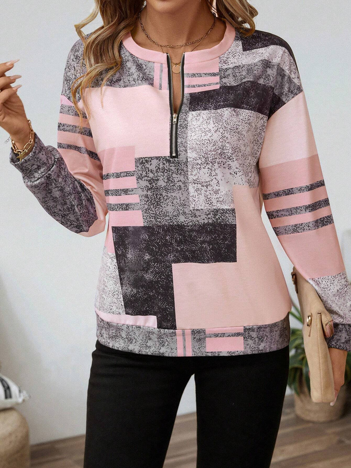 Sweatshirt dam med dragkedja — collegejacka med grafiskt tryck