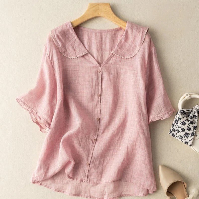 Blus dam, vintage — elegant med scallop-krage och knappdetaljer