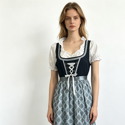 Dirndl dam med förkläde — elegant Oktoberfest-klänning i blått och grått