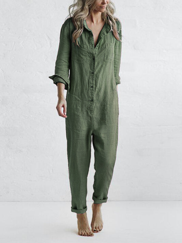 Jumpsuit dam, långärmad — overall med knappslå och fickor i bomull