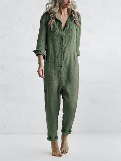 Jumpsuit dam, långärmad — overall med knappslå och fickor i bomull
