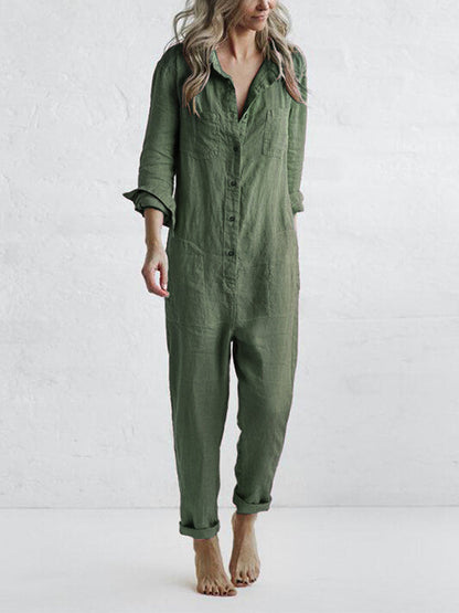 Jumpsuit dam, långärmad — overall med knappslå och fickor i bomull
