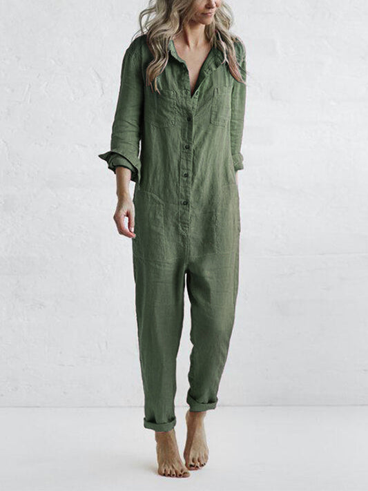 Jumpsuit dam, långärmad — overall med knappslå och fickor i bomull
