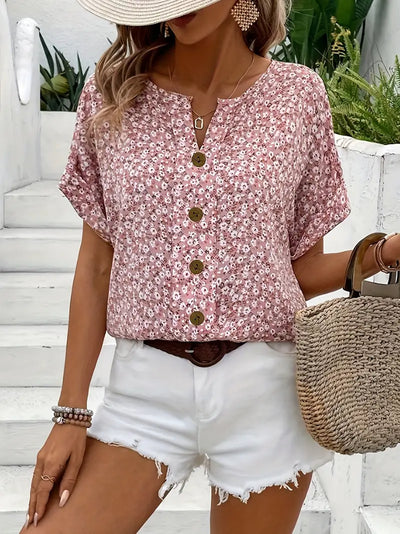 Blus dam, blommönstrad — chic med knappdetaljer i linne