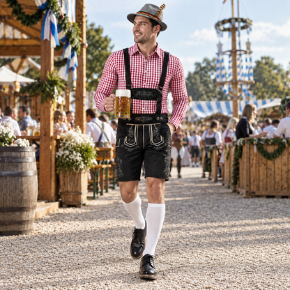 Trachtenset herr — lederhosen och rutig skjorta för Oktoberfest