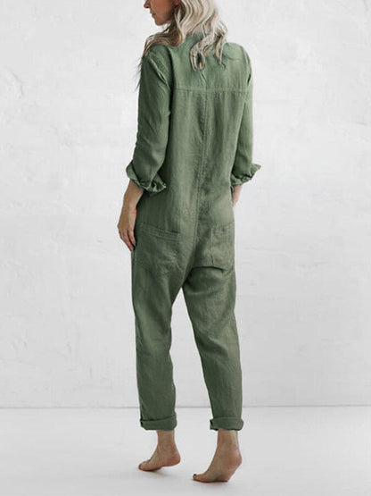Jumpsuit dam, långärmad — overall med knappslå och fickor i bomull