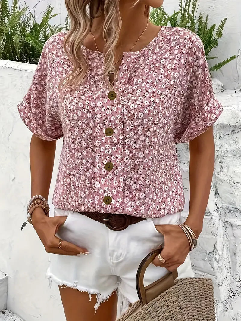 Blus dam, blommönstrad — chic med knappdetaljer i linne
