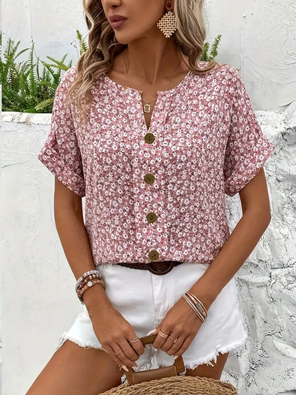 Blus dam, blommönstrad — chic med knappdetaljer i linne