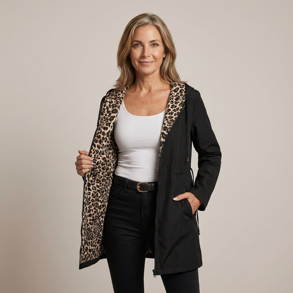 Kappa dam, vändbar — mjuk bomullsmix med huva och leopardmönster