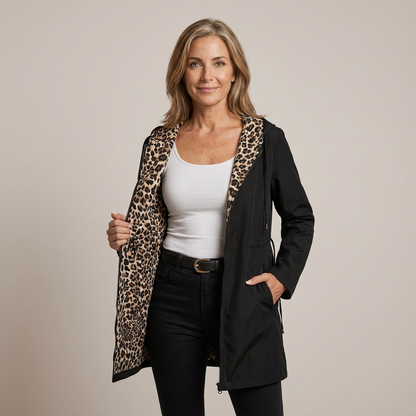 Kappa dam, vändbar — mjuk bomullsmix med huva och leopardmönster