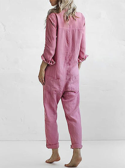 Jumpsuit dam, långärmad — overall med knappslå och fickor i bomull