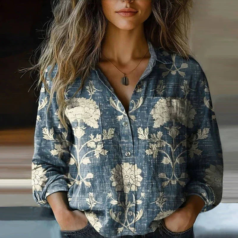 Blus dam, bohemisk — blommönstrad vintage med krage och knappslå