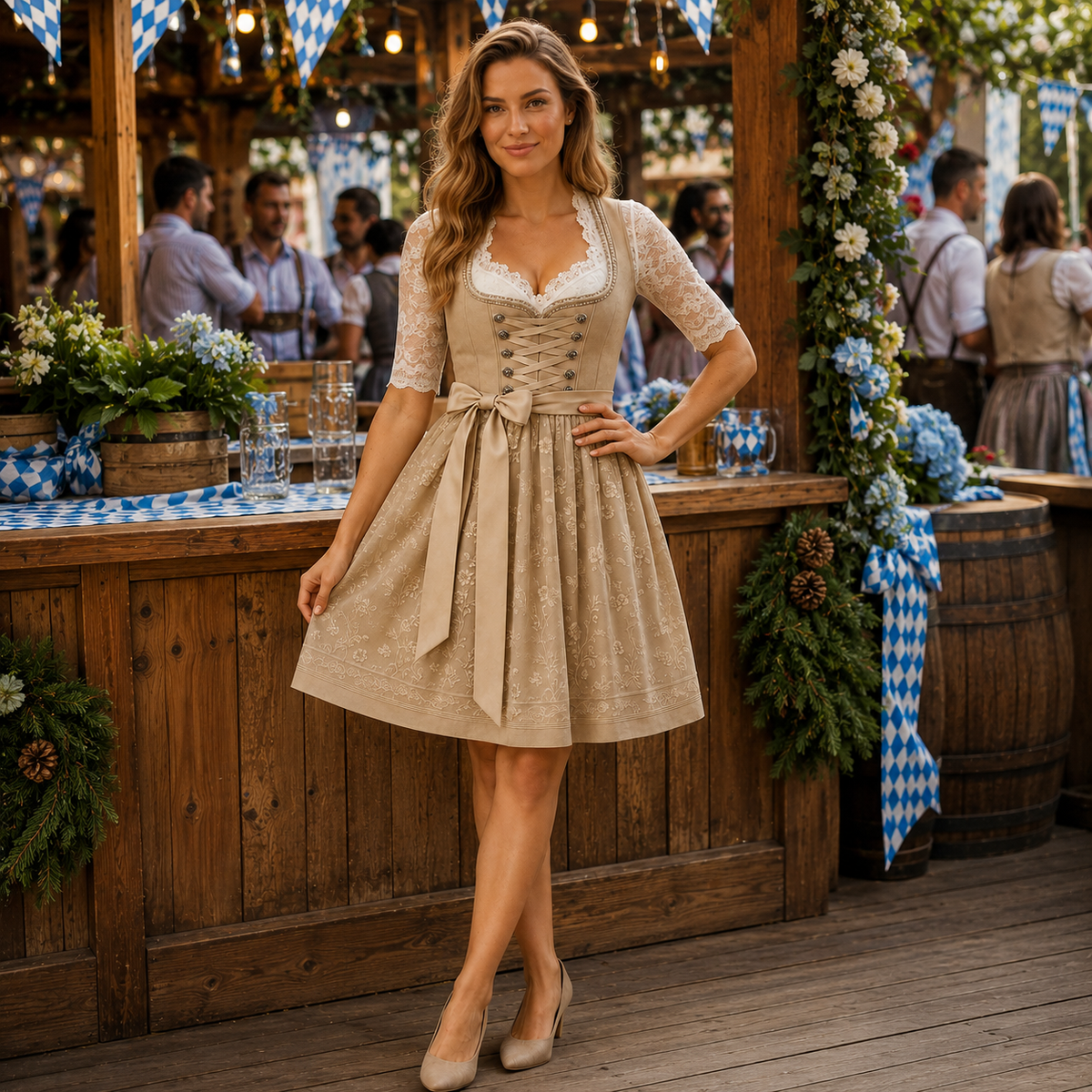 Traditionell folkdräkt dam — klassisk klänning i khaki