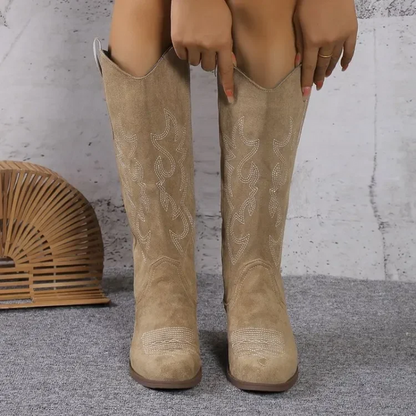 Cowboyboots dam i läderimitation — klassiska westernboots med klack