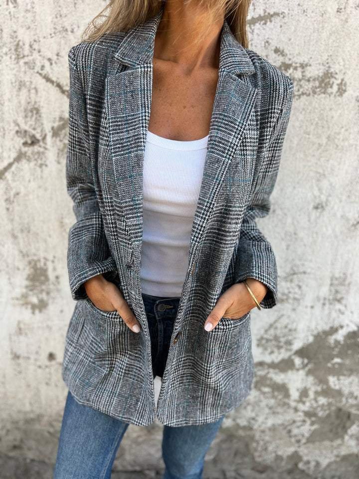 Blazer dam, rutig — elegant kavaj i linne för höst och vinter