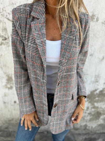 Blazer dam, rutig — elegant kavaj i linne för höst och vinter