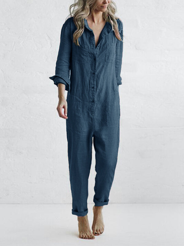 Jumpsuit dam, långärmad — overall med knappslå och fickor i bomull