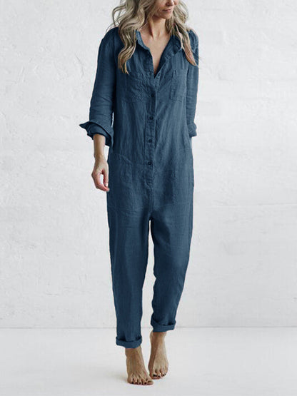 Jumpsuit dam, långärmad — overall med knappslå och fickor i bomull