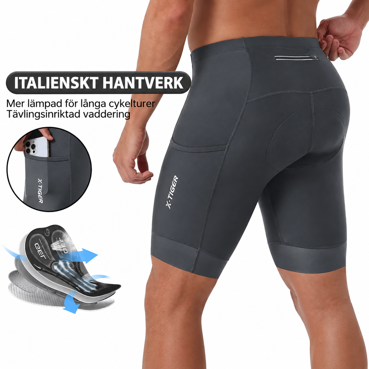Cykelbyxor herr, korta — kompression med gelinlägg och reflex