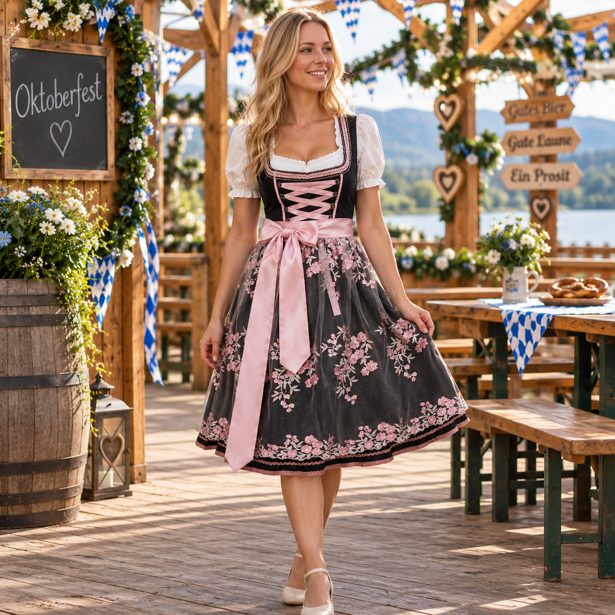 Dirndl dam med spetsliv — traditionell klänning med snörning