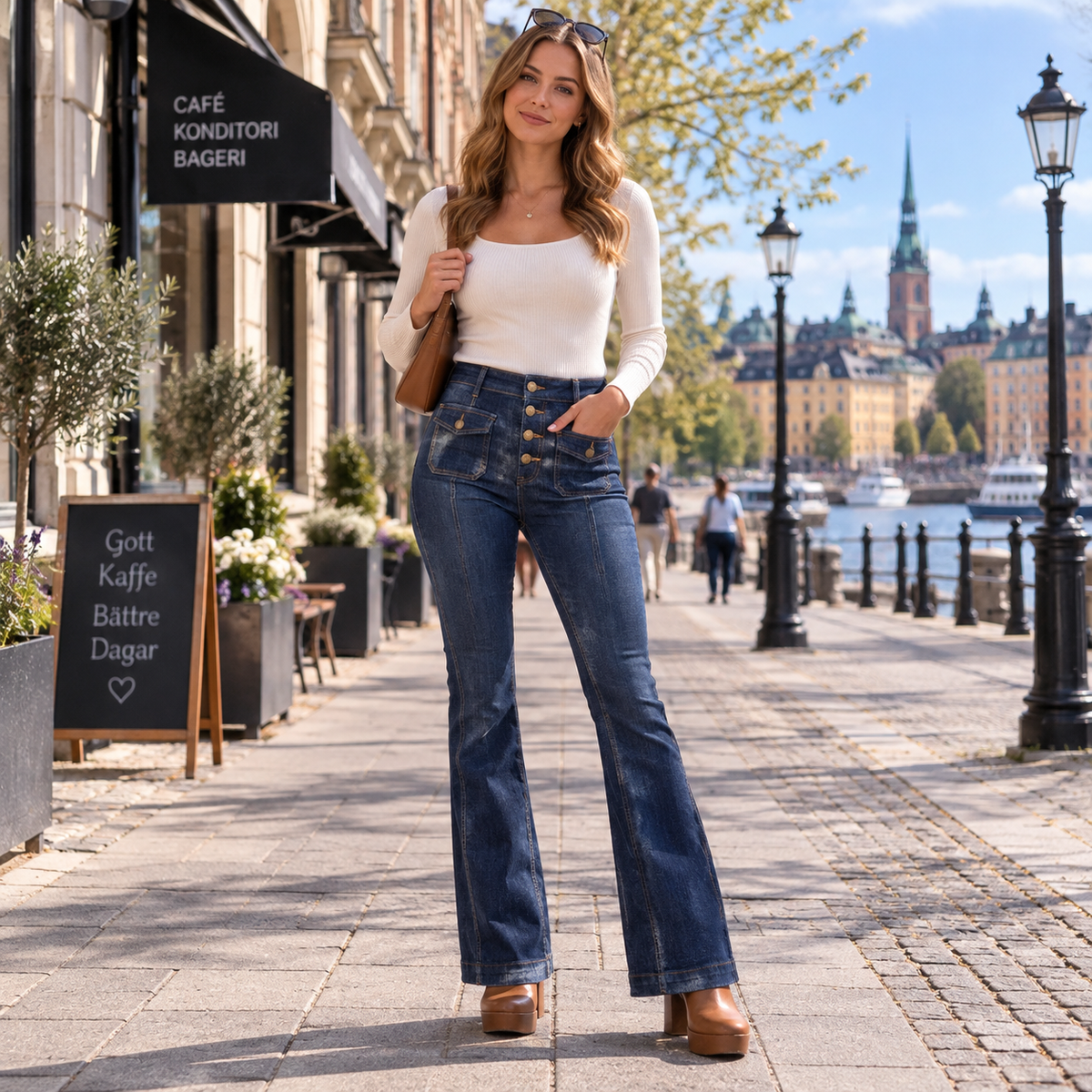 Högmidjade utsvängda jeans dam — flarejeans med hög midja