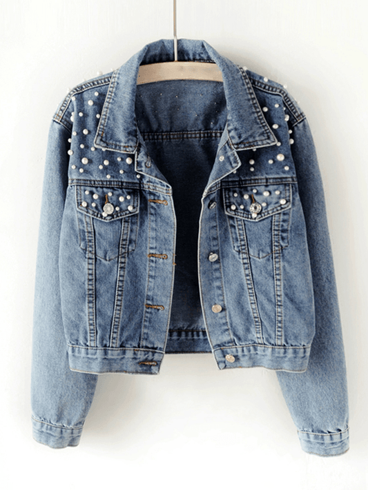 Jeansjacka dam, oversized — denimjacka med strassdetaljer och slagkrage
