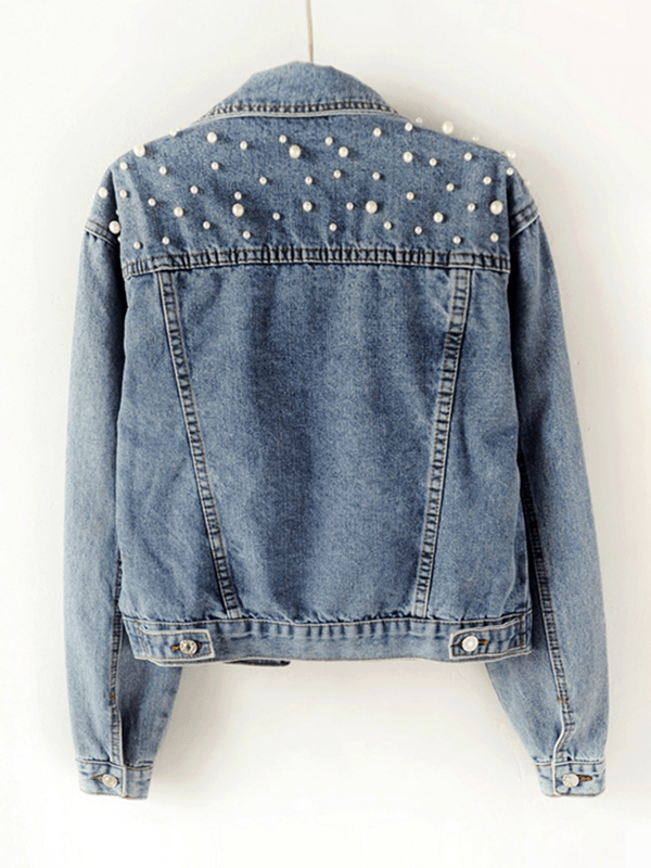 Jeansjacka dam, oversized — denimjacka med strassdetaljer och slagkrage