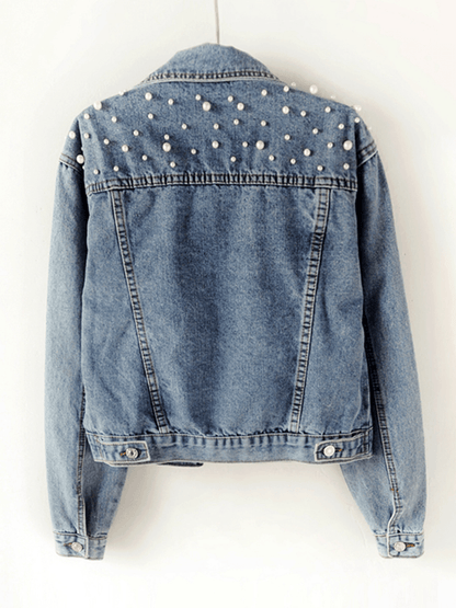 Jeansjacka dam, oversized — denimjacka med strassdetaljer och slagkrage