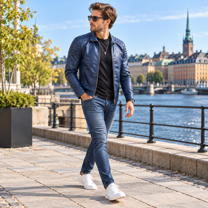 Jacka herr — i läderimitation med dragkedja, långärmad