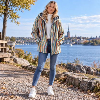 Konstinspirerad hoodie dam — ledig huvtröja med färgstarkt tryck