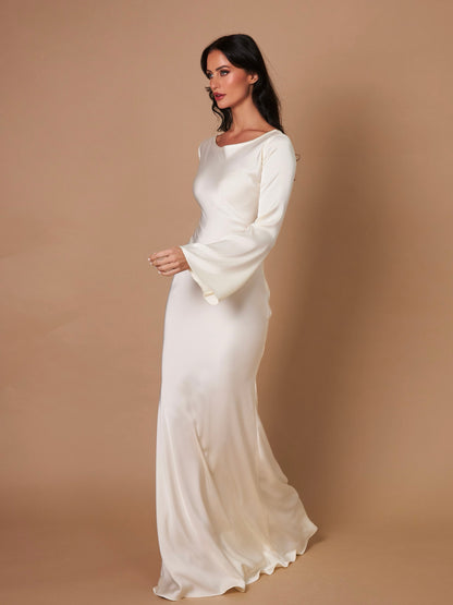 Maxiklänning dam, satin — långärmad elegant och flödande
