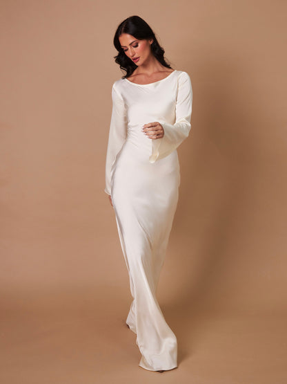 Maxiklänning dam, satin — långärmad elegant och flödande