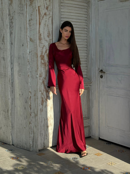 Maxiklänning dam, satin — långärmad elegant och flödande