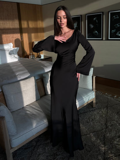 Maxiklänning dam, satin — långärmad elegant och flödande